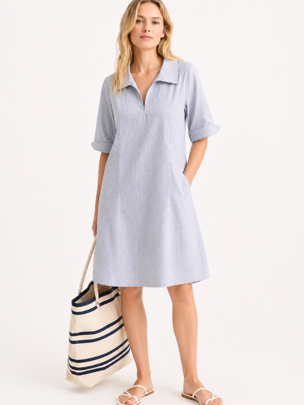 Ming Wang Striped Blue White Nautical Collared Shift Dress XS